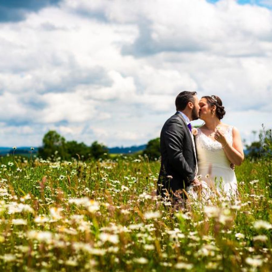 Kiss in the wild meadow at at Harefield Barn wedding venue Devon